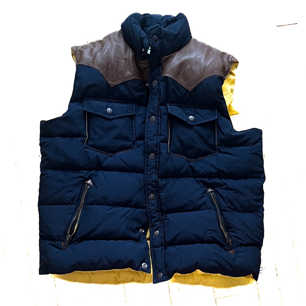 Navy/dark blue and Brown leather Puffer Vest with Yellow Lining